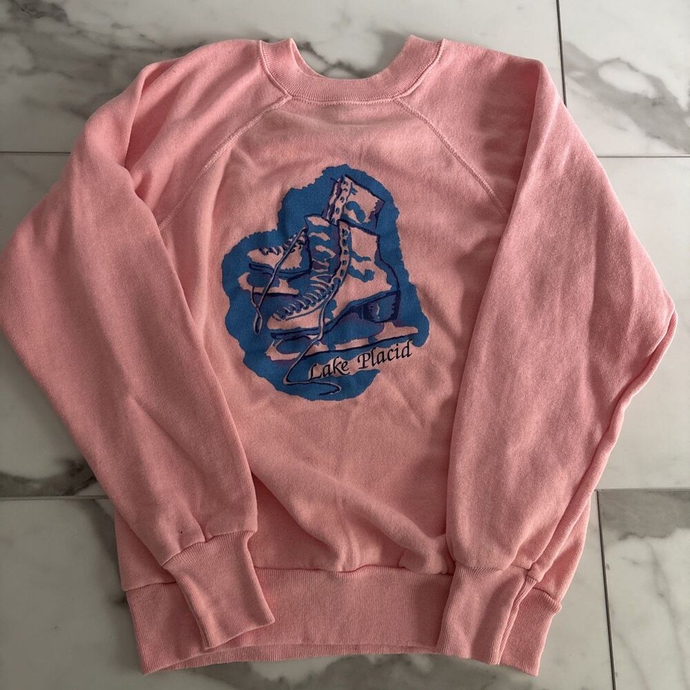 Vintage 80's Lake Placid Figure Skates Crewneck Pink Jean Top USA Made Small